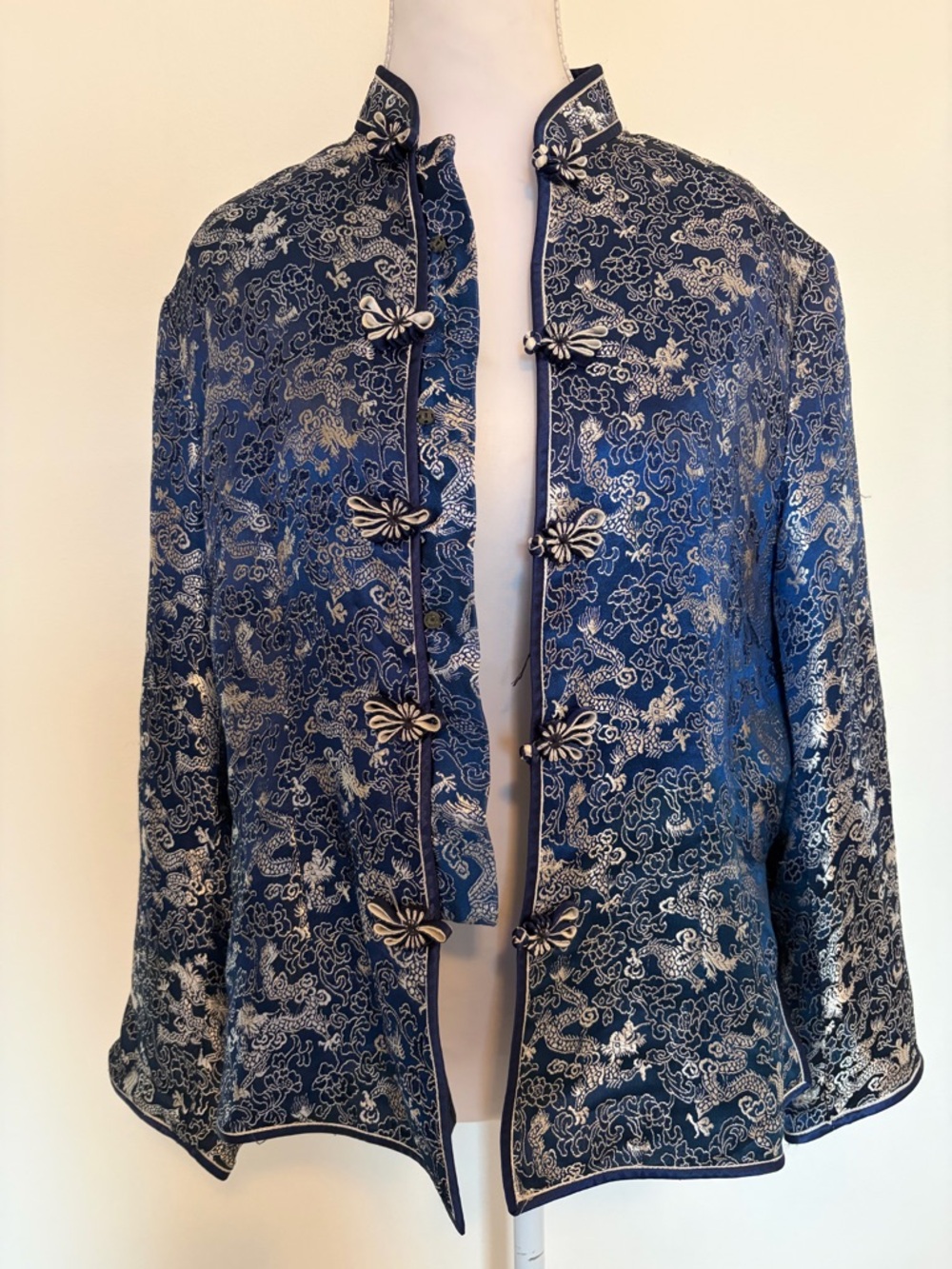 #638 Gorgeous Navy Blue Brocade Mandarin Collar Jacket with Frog Closures